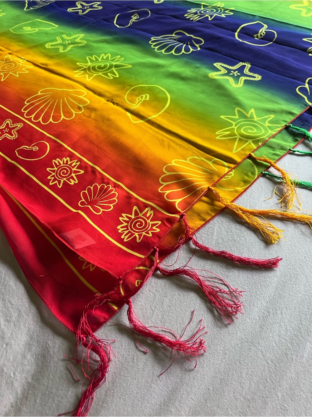 Rainbow Shell-Print Fringe Scarf Wrap Sarong - Multicolor
